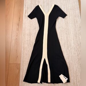 Black and Cream V-Neck Sweater Dress